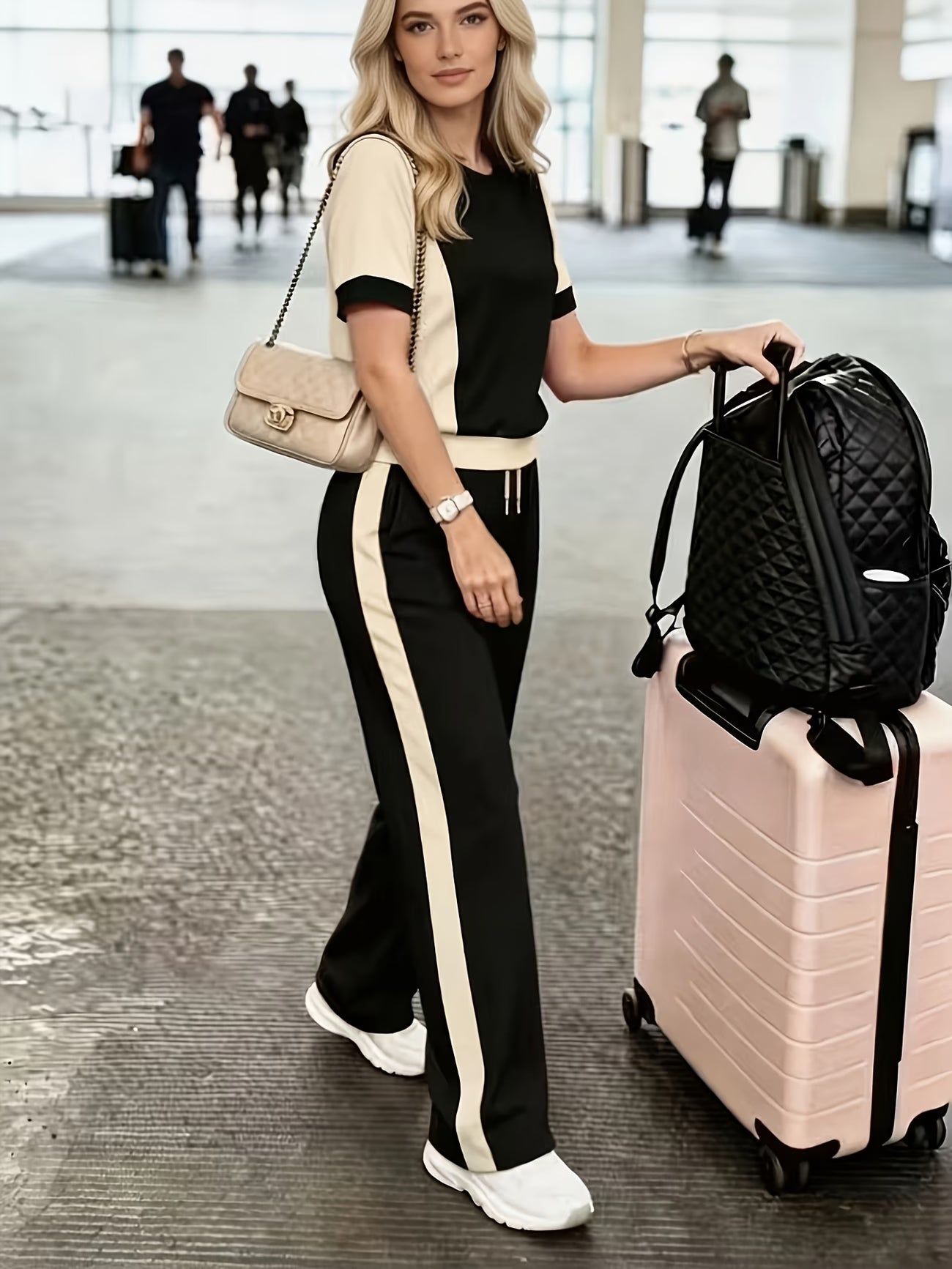 Women's Colour-Block T-Shirt and Trousers Set