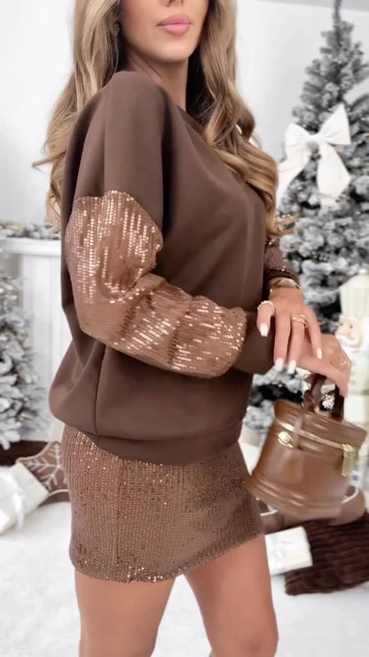 Women’s Sequin Contrast Long Sleeve Top and Mini Skirt Set