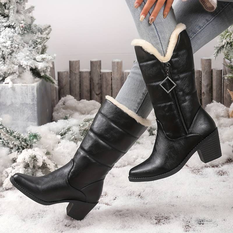 Women’s Warm Lined Mid Calf Boots with Side Zip and Chunky Heel