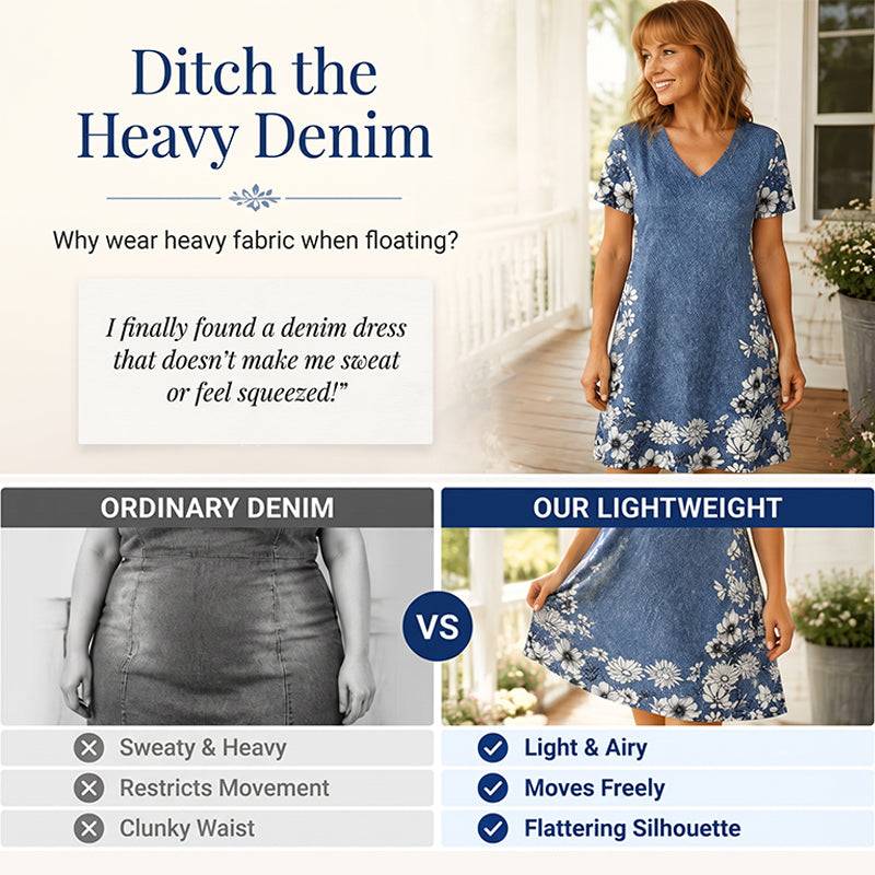 Women’s Denim-Print Floral V-Neck Dress