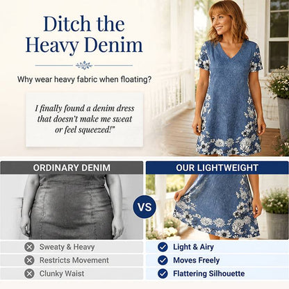 Women’s Denim-Print Floral V-Neck Dress