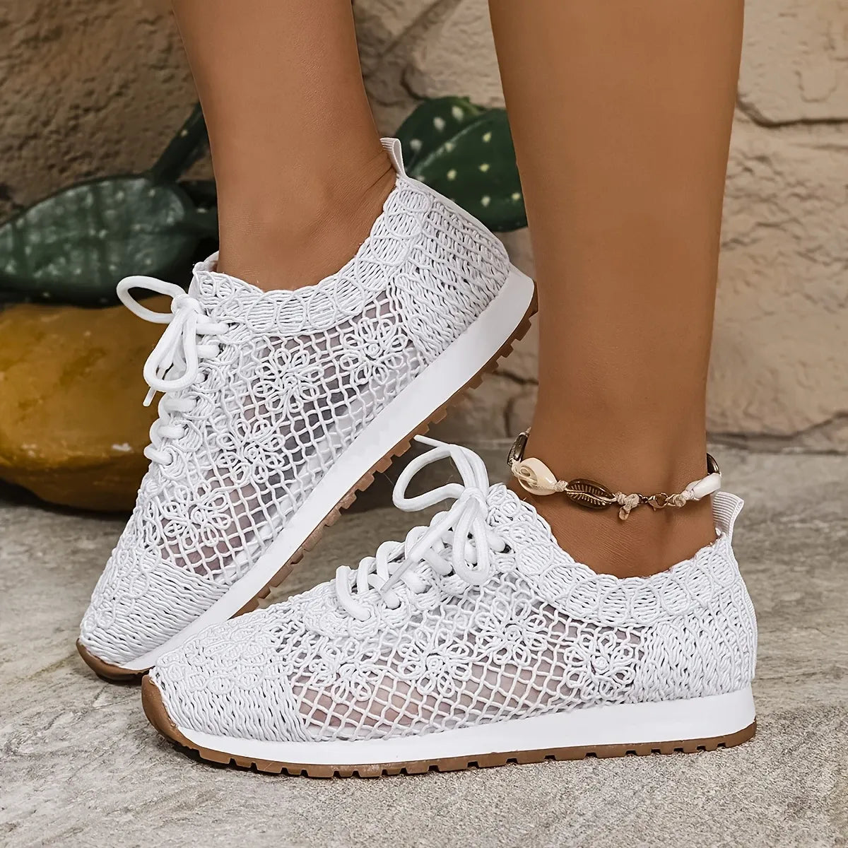 Women's Elegant Lace Breathable Slip On Walking Trainers