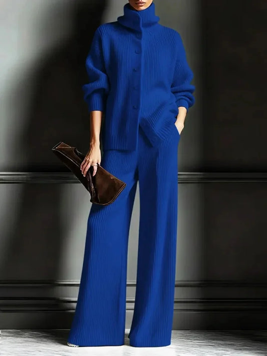 Women’s Luxe Ribbed Funnel-Neck Cardigan & Wide-Leg Knit Set