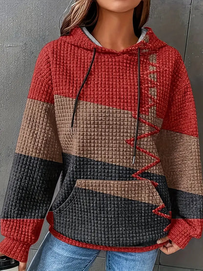 Women's Color Block Waffle Hoodie – Casual Long Sleeve with Kangaroo Pocket