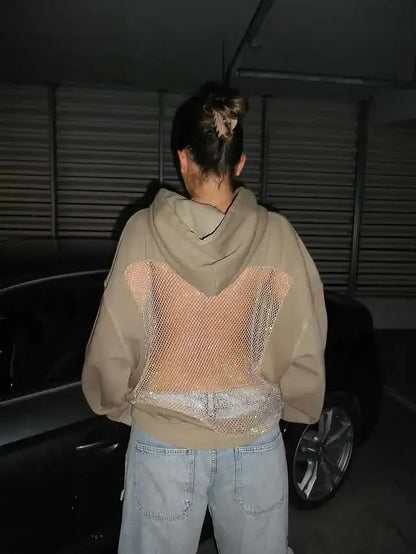 Women’s Glitter-Mesh Open-Back Hoodie
