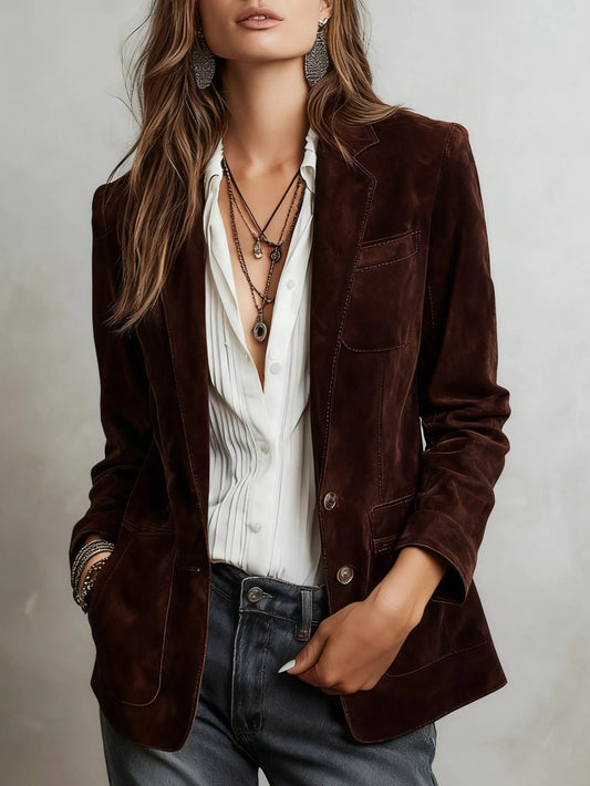 Women’s Vintage Brown Suede Contrast-Stitch Jacket