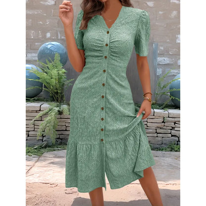 Women's Button-Front V-Neck Midi Dress