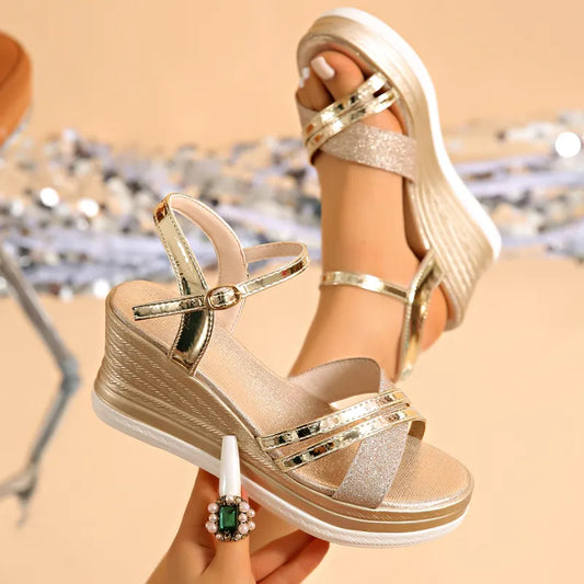 Women's Glitter Strap Wedge Sandals
