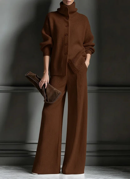Women’s Luxe Ribbed Funnel-Neck Cardigan & Wide-Leg Knit Set