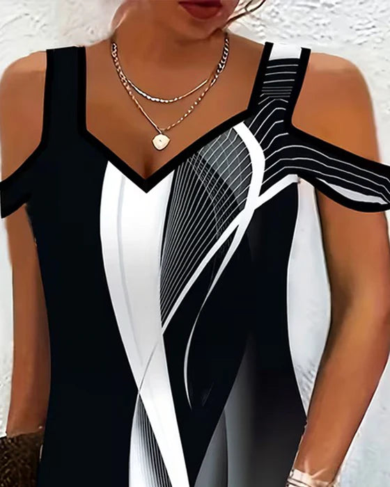 Monochrome V-Neck Cold-Shoulder Dress