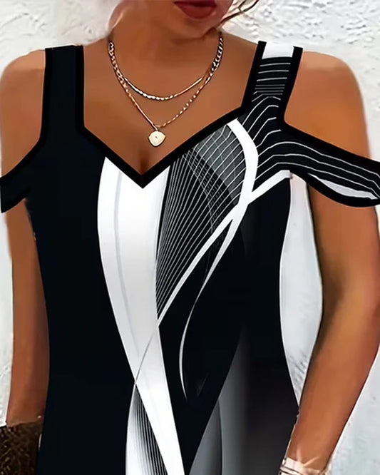 Monochrome V-Neck Cold-Shoulder Dress