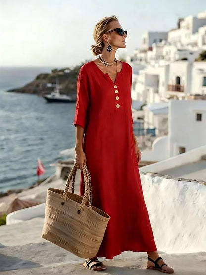 Women’s Relaxed V-Neck Button Detail Midi Dress