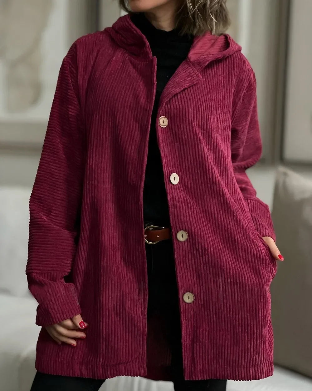 Women's Casual Corduroy Hooded Jacket