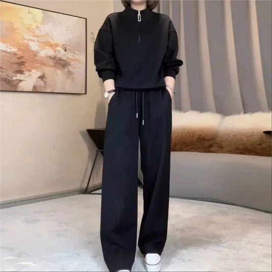 Women’s Cropped Half Zip Sweatshirt And Wide Leg Trousers Set