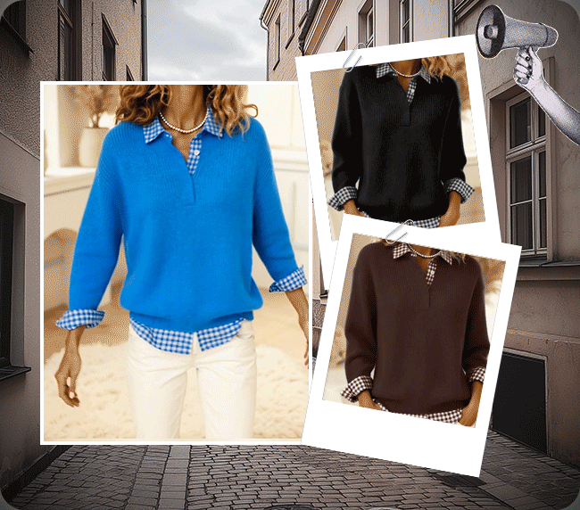 Women’s Plaid-Collar Soft-Knit Relaxed Fit Pullover
