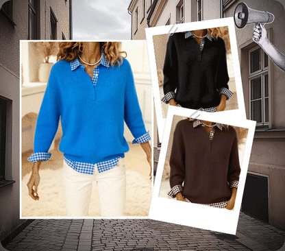 Women’s Plaid-Collar Soft-Knit Relaxed Fit Pullover
