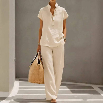 Women's Button-Neck Top and Wide-Leg Trouser Set
