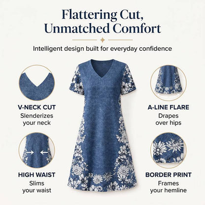 Women’s Denim-Print Floral V-Neck Dress