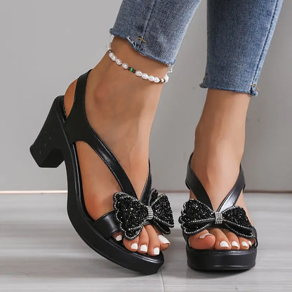 Orthopaedic Block Heel Sandals with Rhinestone & Bow