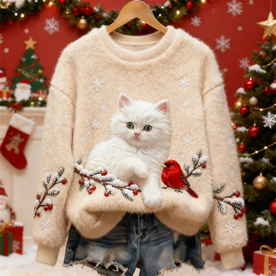 Women’s Festive Cat & Bird Flannel Christmas Sweater