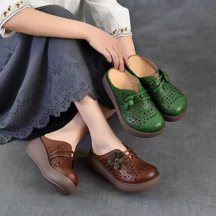 Women’s Hollow Leather-Look Wedge Comfort Sandals