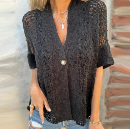 Women's solid color one-button knitted top