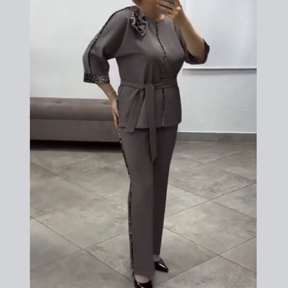Women’s Leopard-Trim Belted Wide-Leg Suit Set