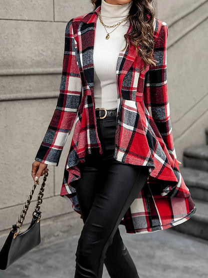 Women’s Plaid Longline Coat with Irregular Hem