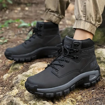 (🤜Work Hard For 5+ Years) Men Leather-Look Motorcycle Boots Waterproof Non-Slip Anti-Puncture Anti-Sprain Hiking Work Boots