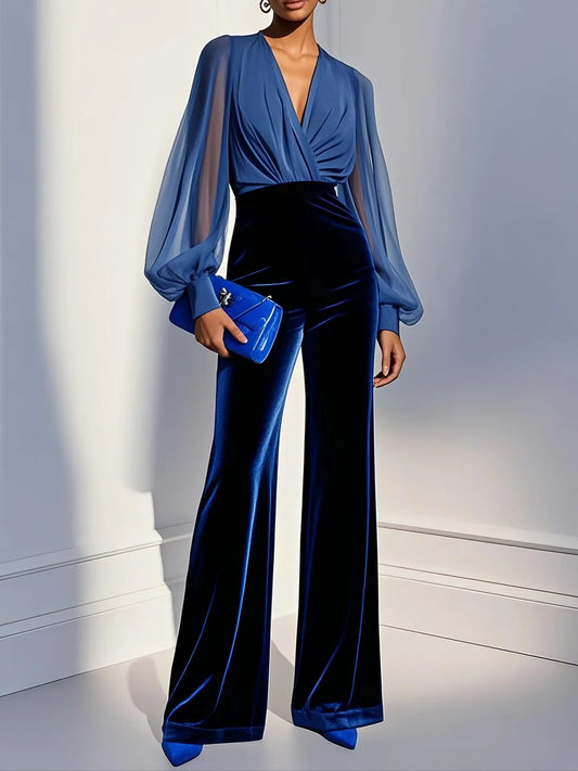 Women’s Velvet V Neck Mesh Panel Jumpsuit