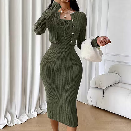 Women's Ribbed Midi Dress & Cropped Cardigan Set