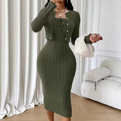Women's Ribbed Midi Dress & Cropped Cardigan Set