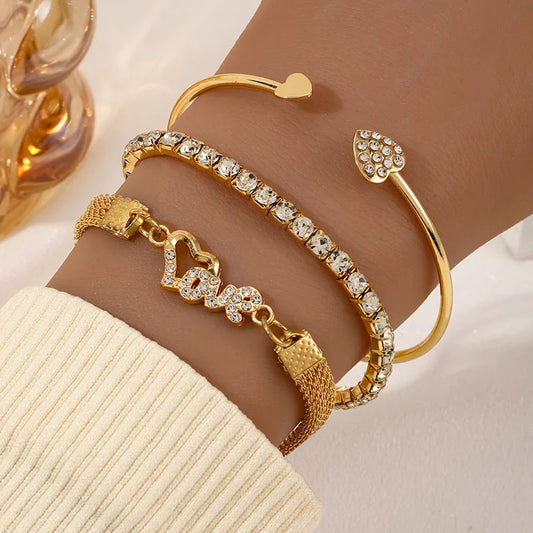 Boho Heart Crystal Gold Bracelet Trio Set