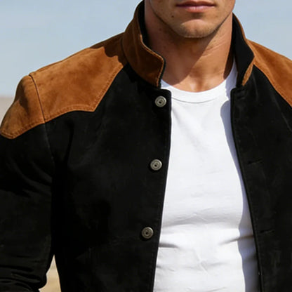Men’s Retro Colour Block Faux Suede Button Jacket