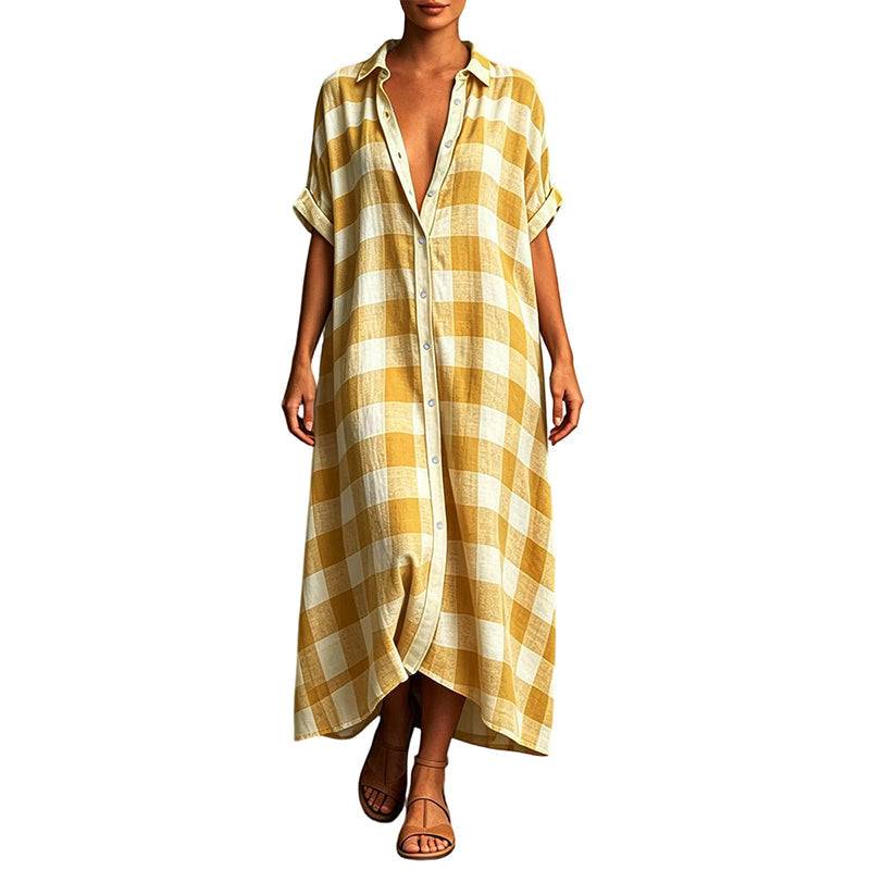 Women's Check Button Front Maxi Shirt Dress