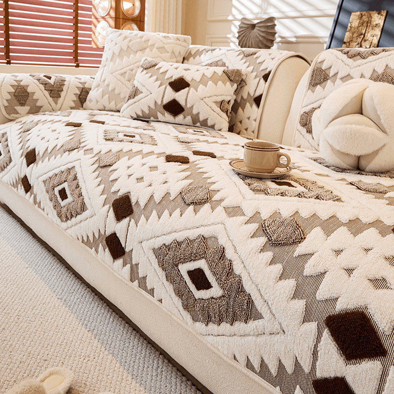 Geometric Plush Jacquard Sofa Cover Protector