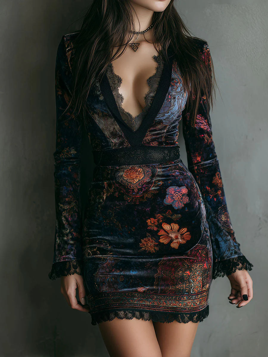 Women’s Velvet Floral Lace-Trim V-Neck Mini Dress