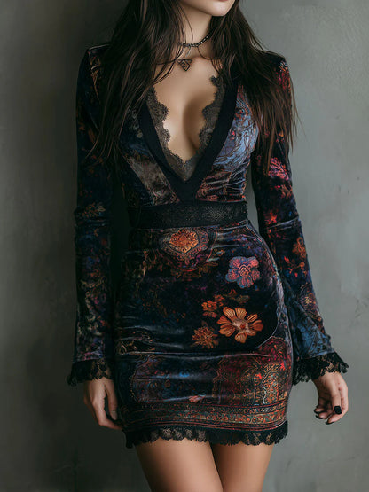 Women’s Velvet Floral Lace-Trim V-Neck Mini Dress