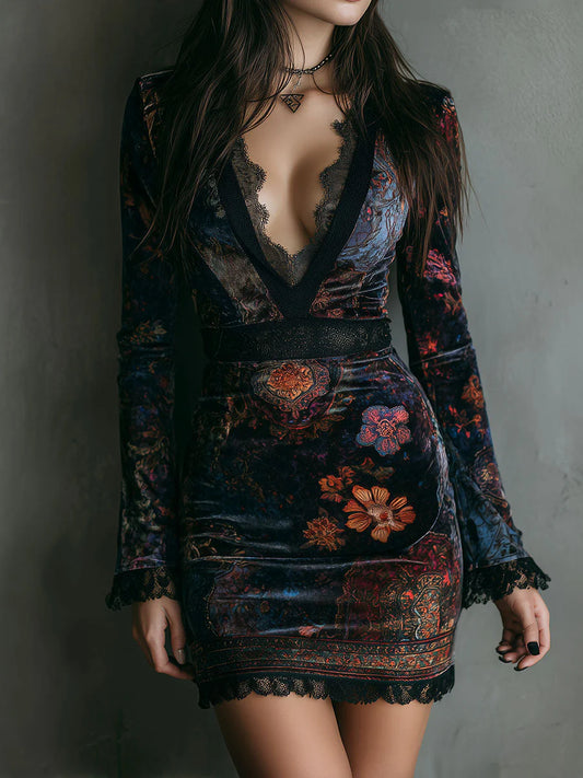 Women’s Velvet Floral Lace-Trim V-Neck Mini Dress