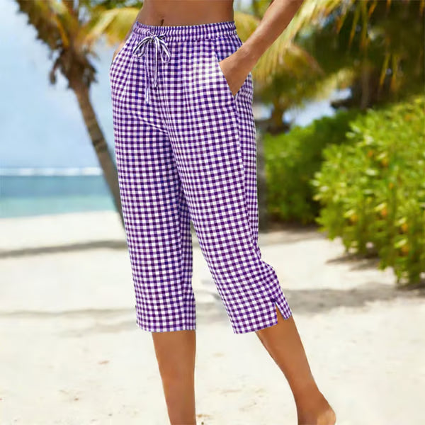 Women's Checked Drawstring Capri Trousers