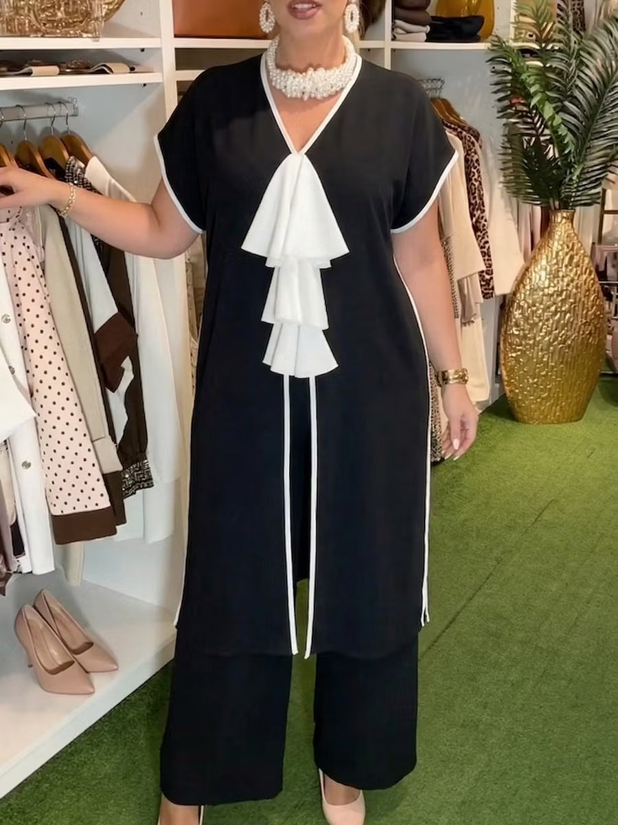 Women's Elegant Contrast-Trim Tunic and Wide-Leg Trouser Set