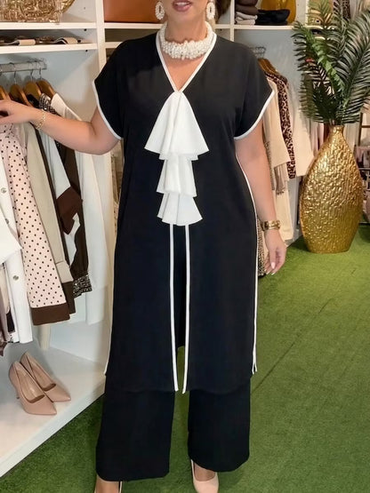 Women's Elegant Contrast-Trim Tunic and Wide-Leg Trouser Set