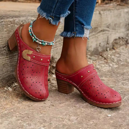 Women’s Vintage Perforated Leather-Look Mules – Summer Slip-On Heeled Clogs