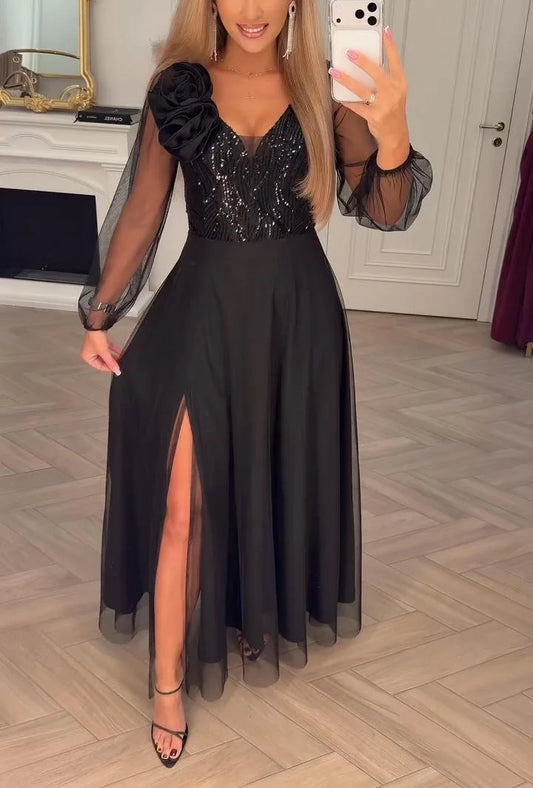 Women’s Sequin Bodice Sheer-Sleeve Floral Detail Evening Maxi Dress