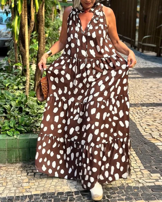 Women’s Sleeveless Printed Halter Neck Holiday Maxi Dress