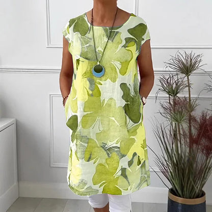 Women’s Butterfly Print Loose Knee Length Dress with Round Neck