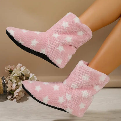 Cozy Star & Heart Plush Slipper Boots – Warm, Non-Slip Sole