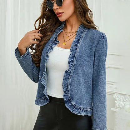 Women’s Ruffle-Trim Open-Front Denim Jacket