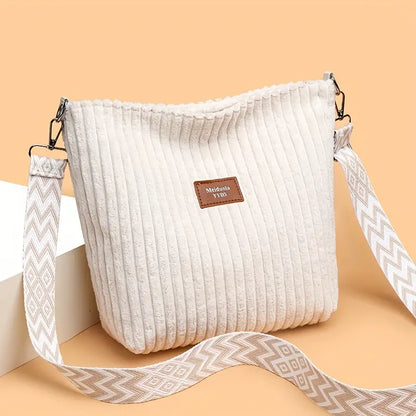 Chic Corduroy Crossbody Bag – Striped, Adjustable Strap, Zip Closure
