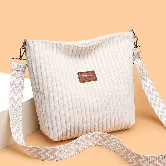 Chic Corduroy Crossbody Bag – Striped, Adjustable Strap, Zip Closure